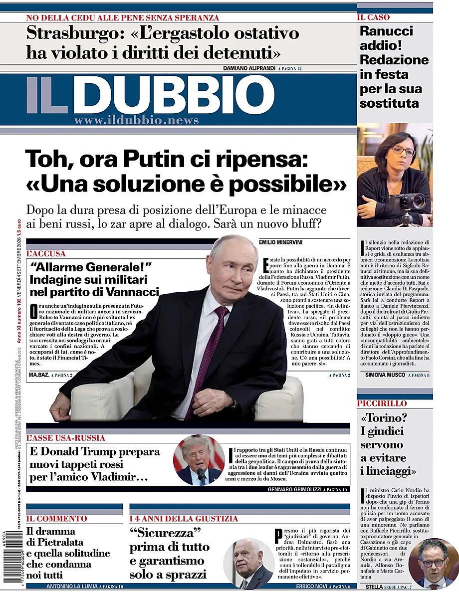 Prima pagina Il Dubbio di oggi - Edicola 4 Settembre 2026