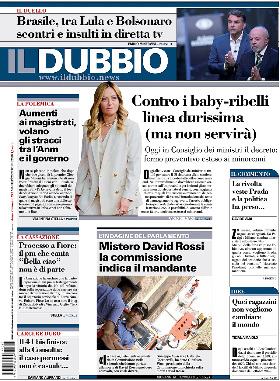 Prima pagina Il Dubbio di oggi - Edicola 20 Ottobre 2026
