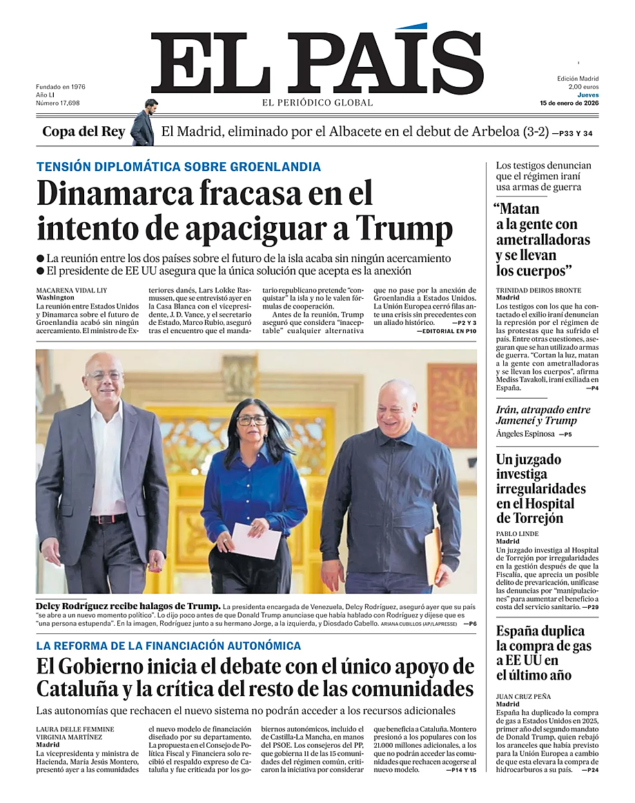 Prima pagina El País di oggi - Edicola 15 Gennaio 2026