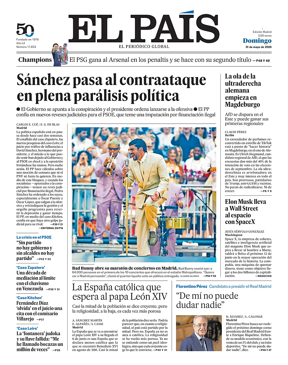 Prima pagina El País di oggi - Edicola 31 Maggio 2026