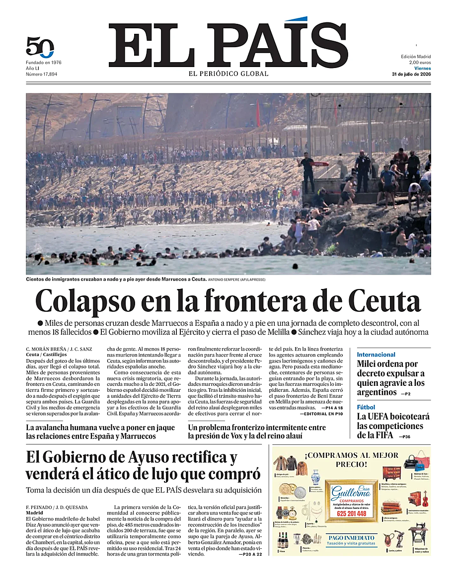 Portada El País de hoy - Quiosco 31 julio 2026