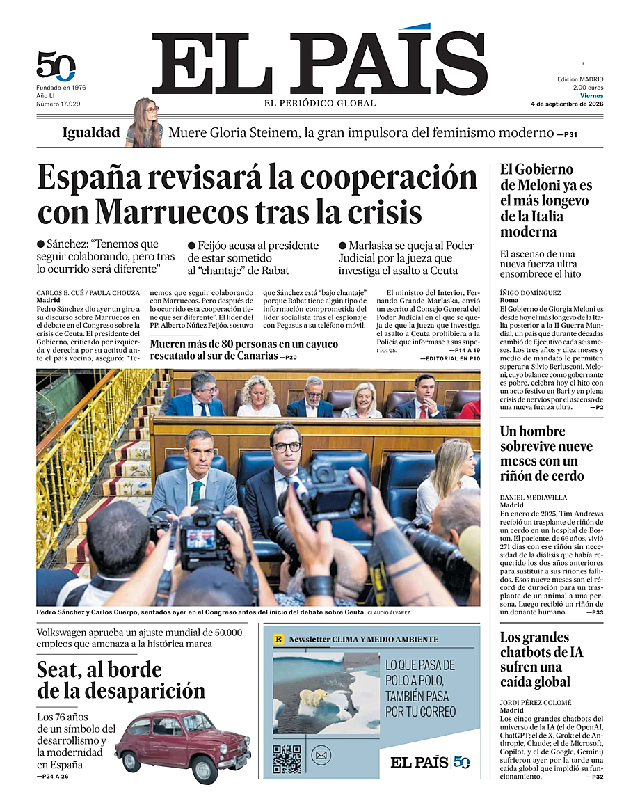 Prima pagina El País di oggi - Edicola 4 Settembre 2026