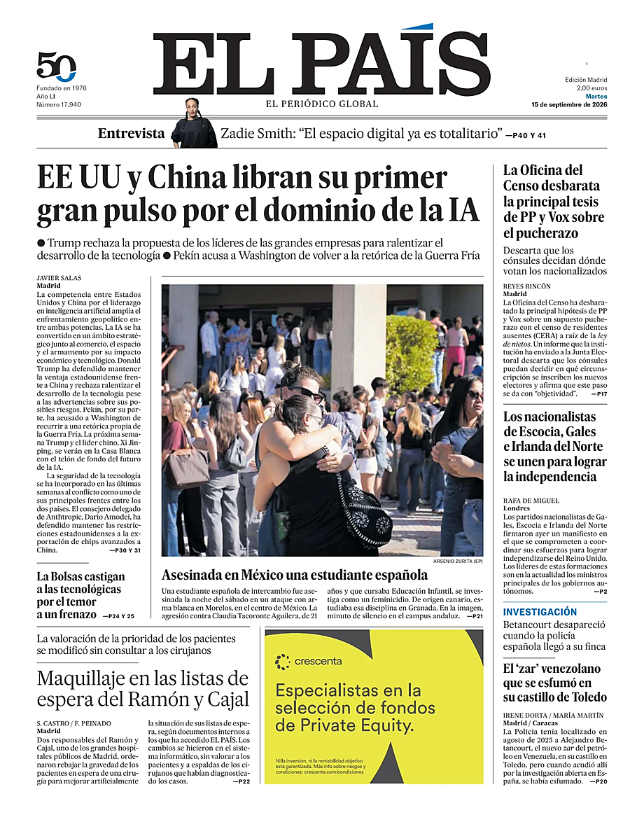 Portada El País de hoy - Quiosco 15 septiembre 2026