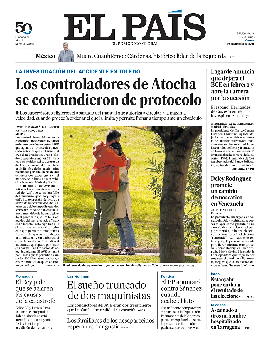 Portada El País de hoy - Quiosco 30 octubre 2026