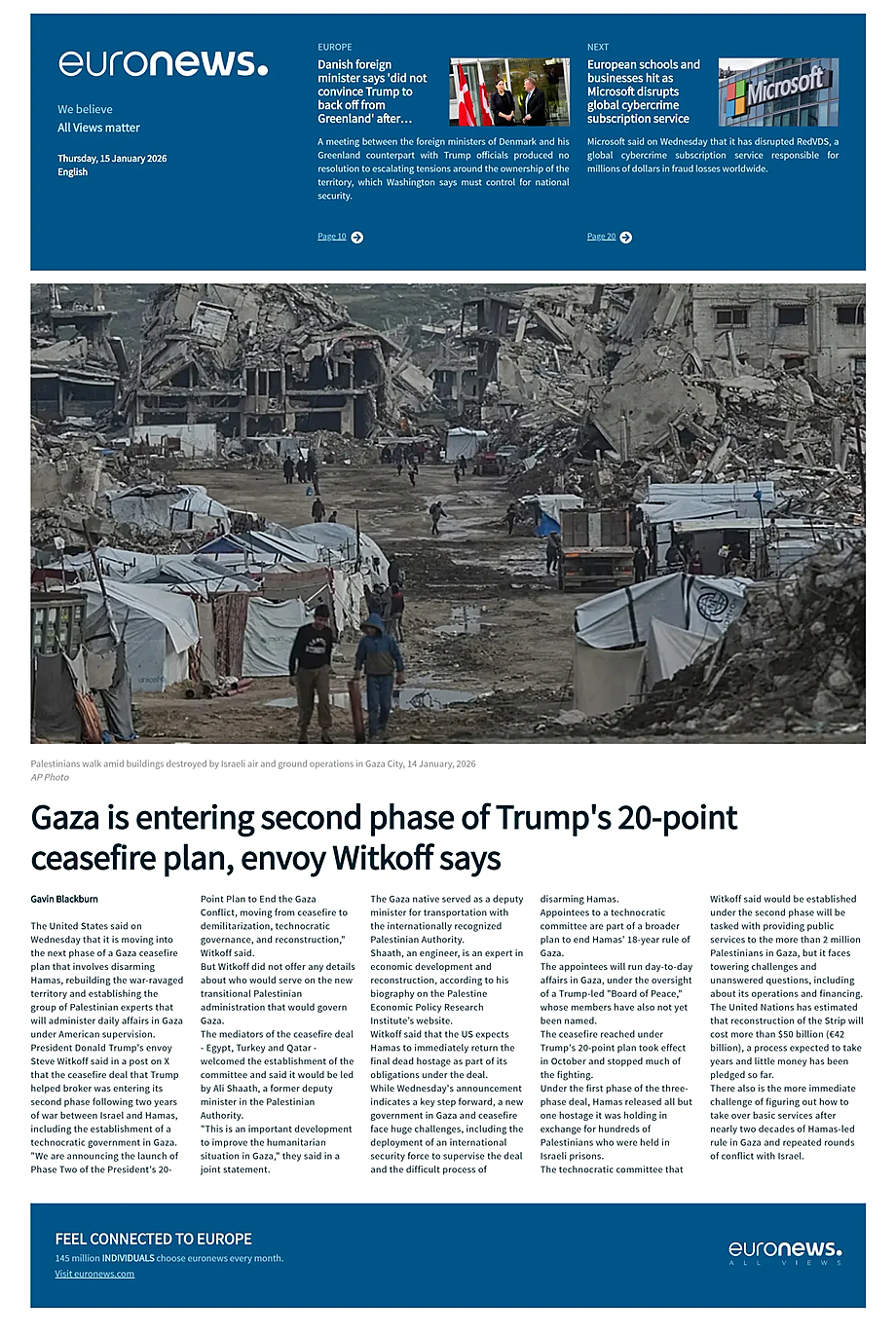 Prima pagina EuroNews (English) di oggi - Edicola 15 Gennaio 2026