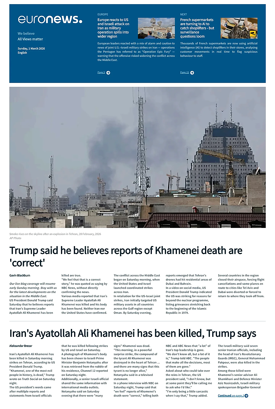 Prima pagina EuroNews (English) di oggi - Edicola 1 Marzo 2026