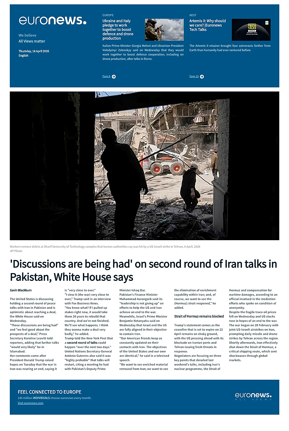 Prima pagina EuroNews (English) di oggi - Edicola 16 Aprile 2026