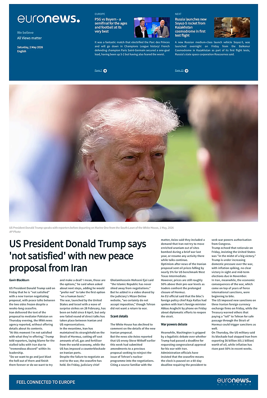Portada EuroNews (English) de hoy - Quiosco 2 mayo 2026