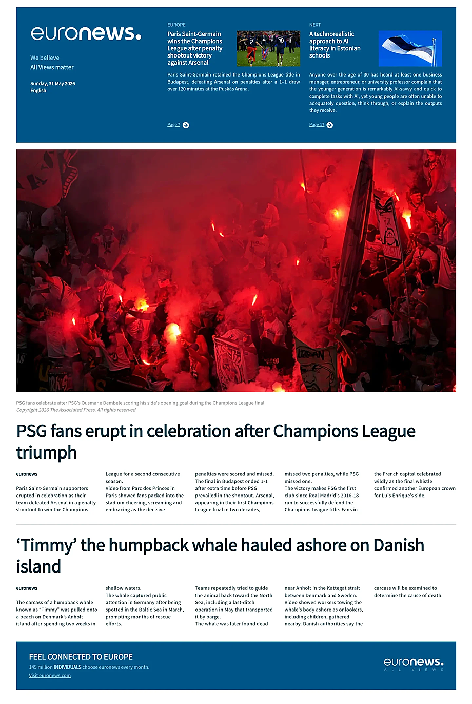 Prima pagina EuroNews (English) di oggi - Edicola 31 Maggio 2026
