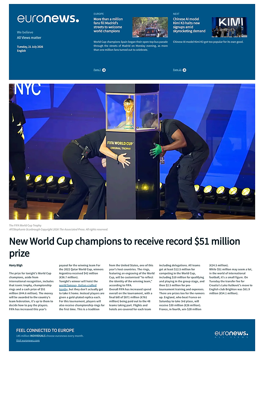 Prima pagina EuroNews (English) di oggi - Edicola 21 Luglio 2026