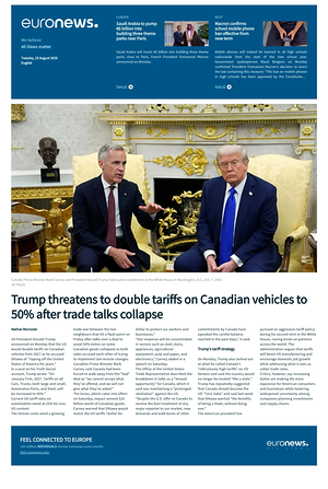 Prima pagina EuroNews (English) di oggi - Quotidiano estero