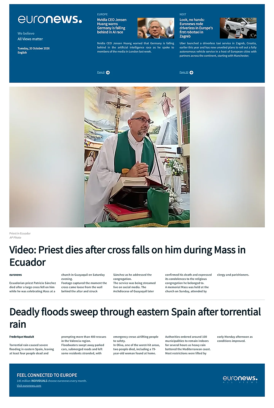 Prima pagina EuroNews (English) di oggi - Edicola 20 Ottobre 2026