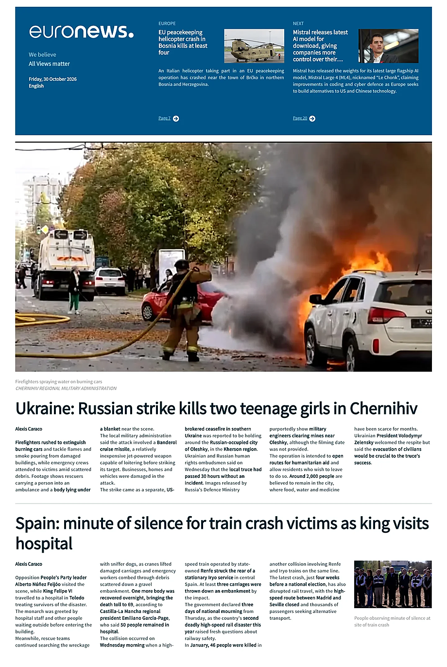 Portada EuroNews (English) de hoy - Quiosco 30 octubre 2026