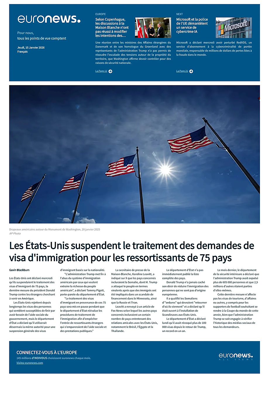 Prima pagina EuroNews (French) di oggi - Edicola 15 Gennaio 2026