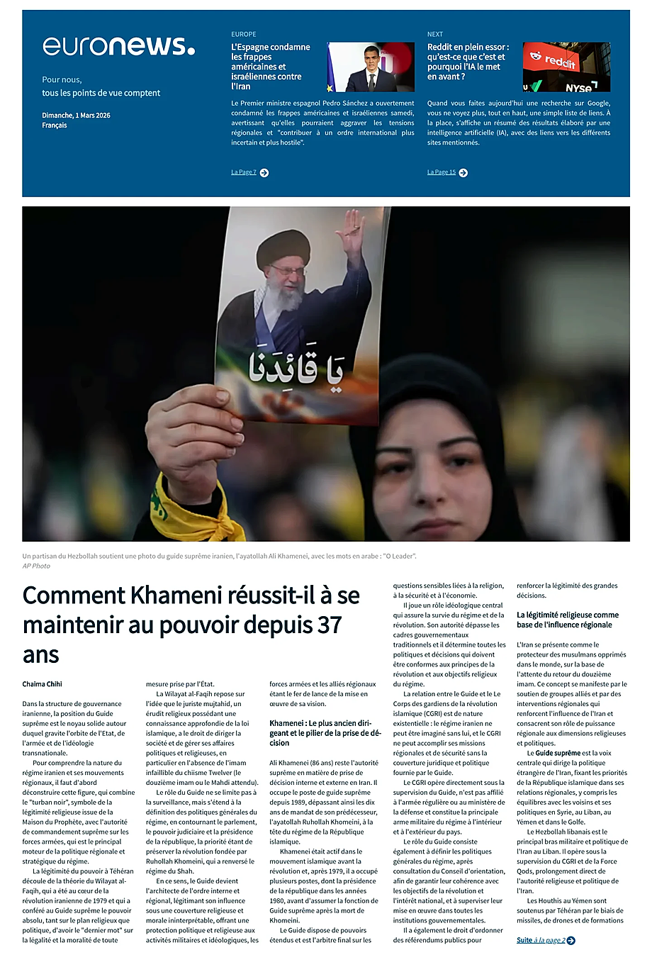 Prima pagina EuroNews (French) di oggi - Edicola 1 Marzo 2026