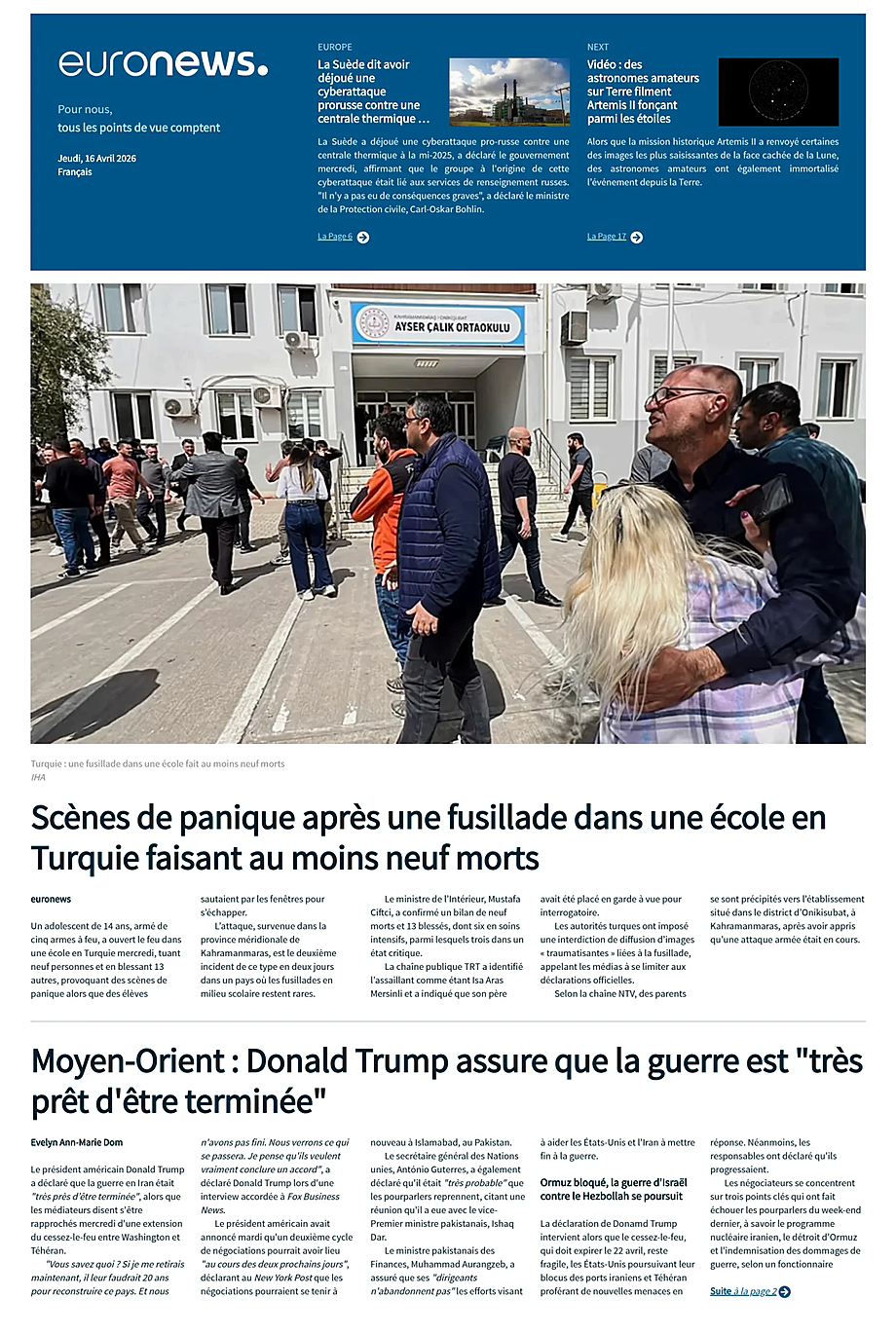 Prima pagina EuroNews (French) di oggi - Edicola 16 Aprile 2026