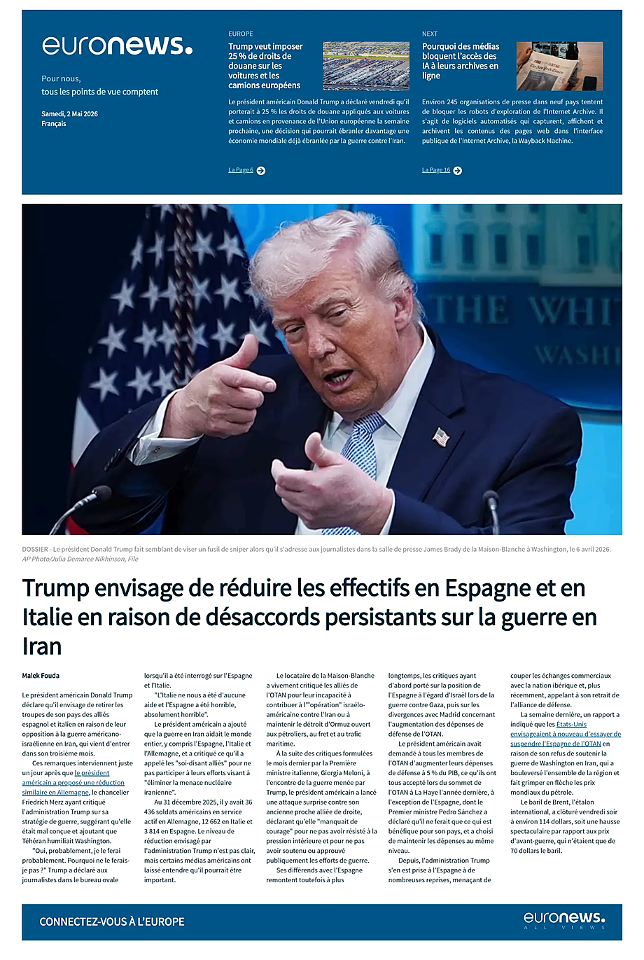 Portada EuroNews (French) de hoy - Quiosco 2 mayo 2026