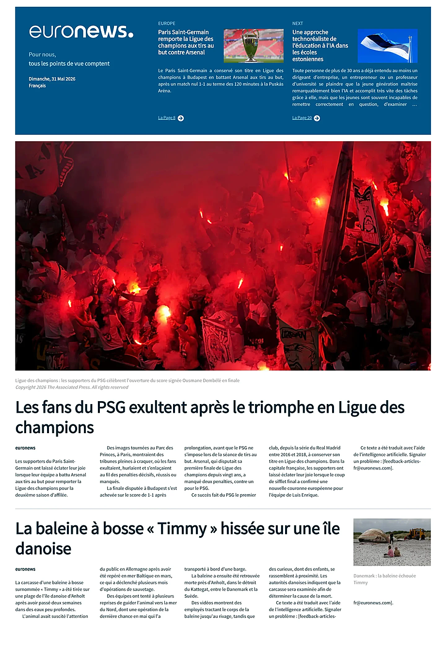Prima pagina EuroNews (French) di oggi - Edicola 31 Maggio 2026