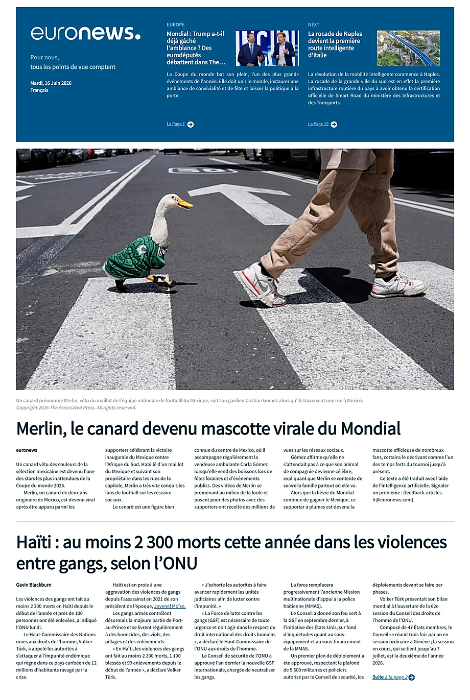 Portada EuroNews (French) de hoy - Quiosco 16 junio 2026