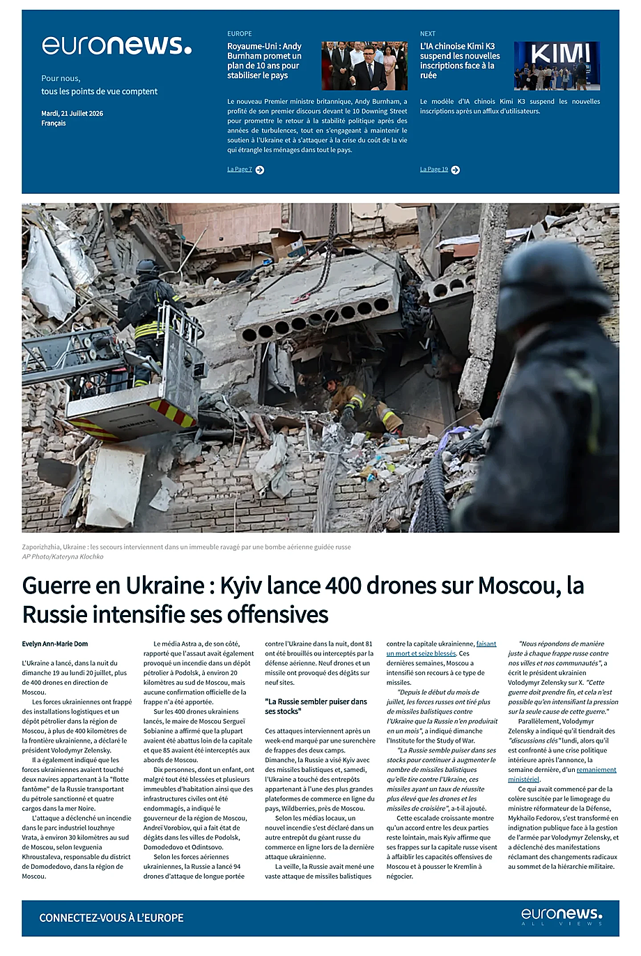 Prima pagina EuroNews (French) di oggi - Edicola 21 Luglio 2026