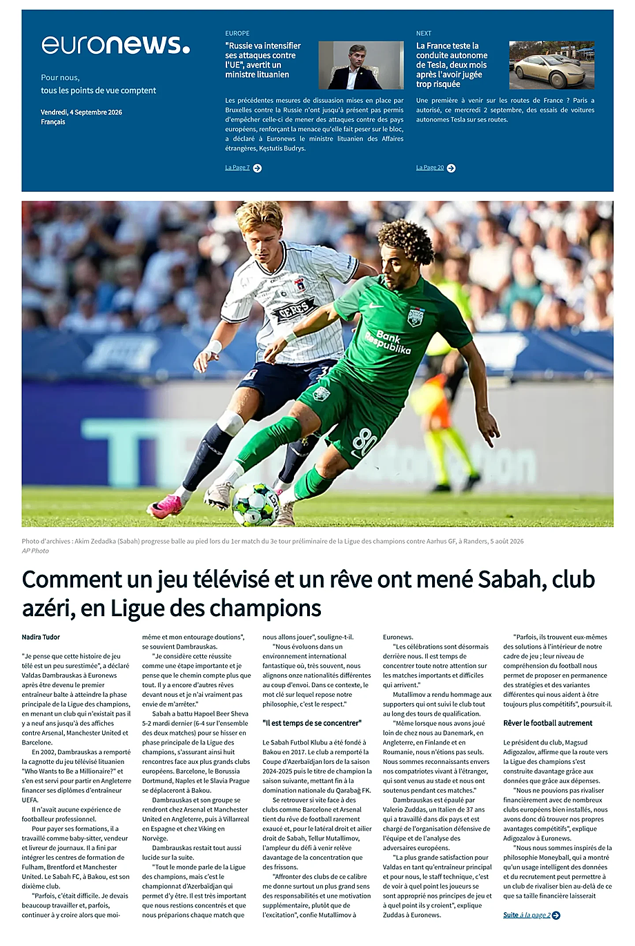 Prima pagina EuroNews (French) di oggi - Edicola 4 Settembre 2026