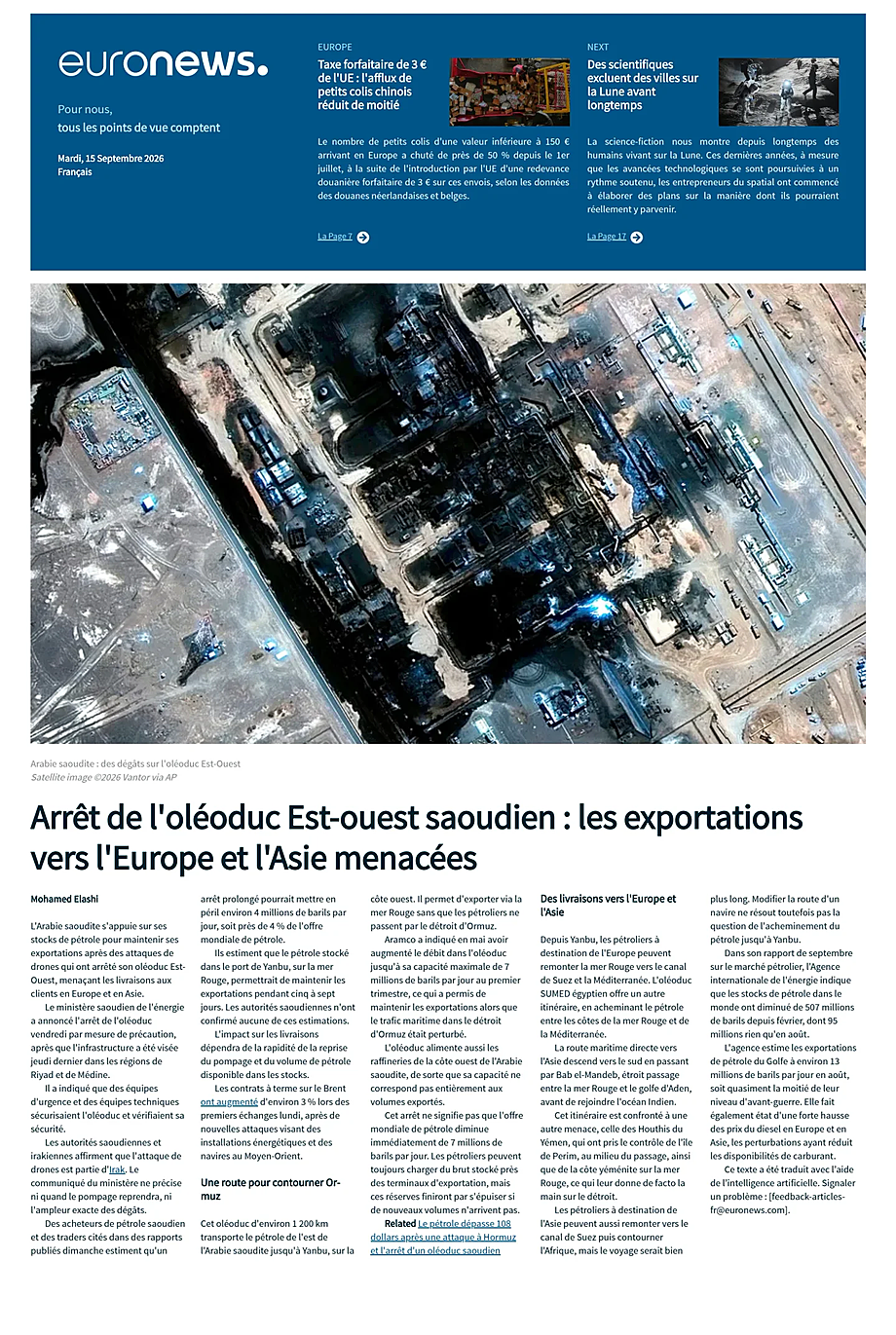 Portada EuroNews (French) de hoy - Quiosco 15 septiembre 2026