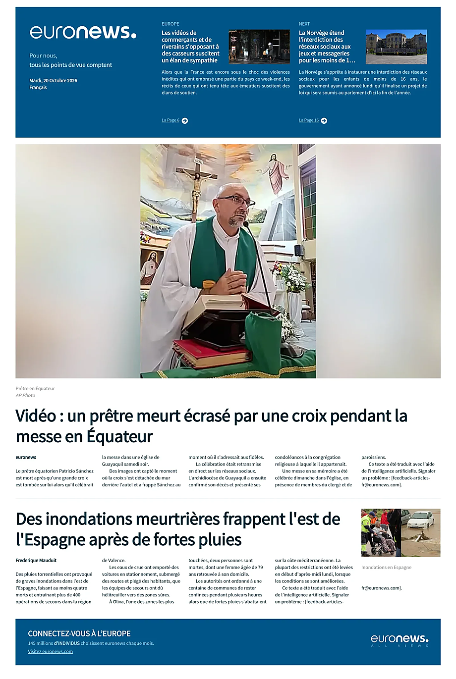 Prima pagina EuroNews (French) di oggi - Edicola 20 Ottobre 2026