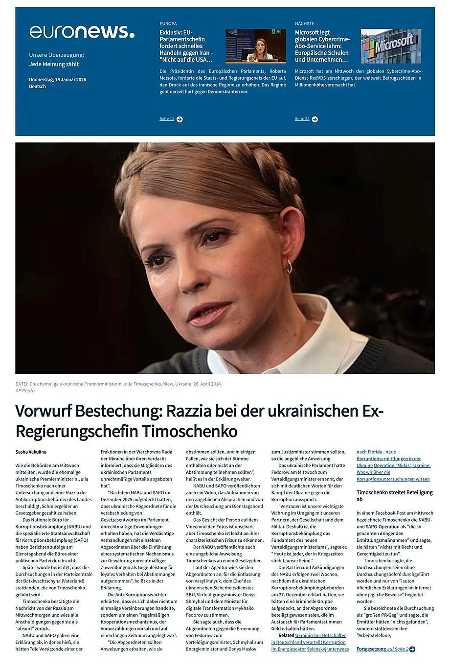 Prima pagina EuroNews (German) di oggi - Edicola 15 Gennaio 2026