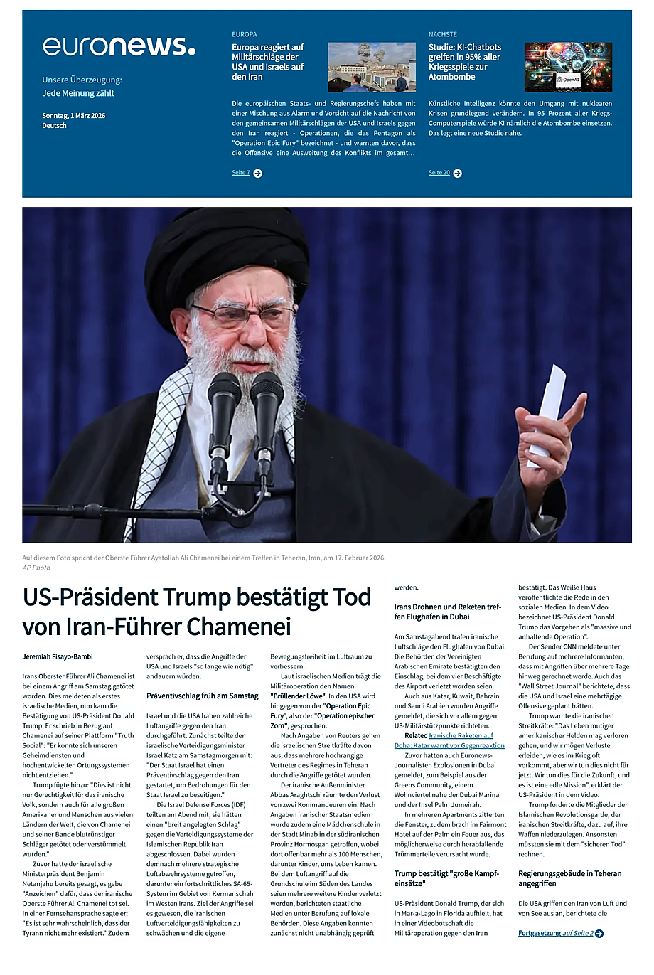 Prima pagina EuroNews (German) di oggi - Edicola 1 Marzo 2026