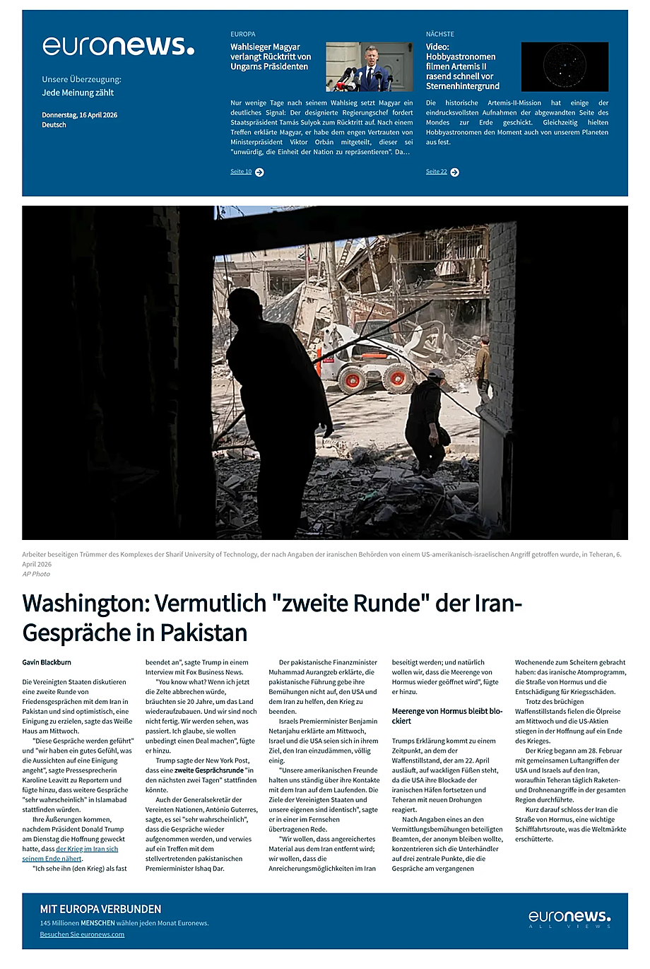 Prima pagina EuroNews (German) di oggi - Edicola 16 Aprile 2026