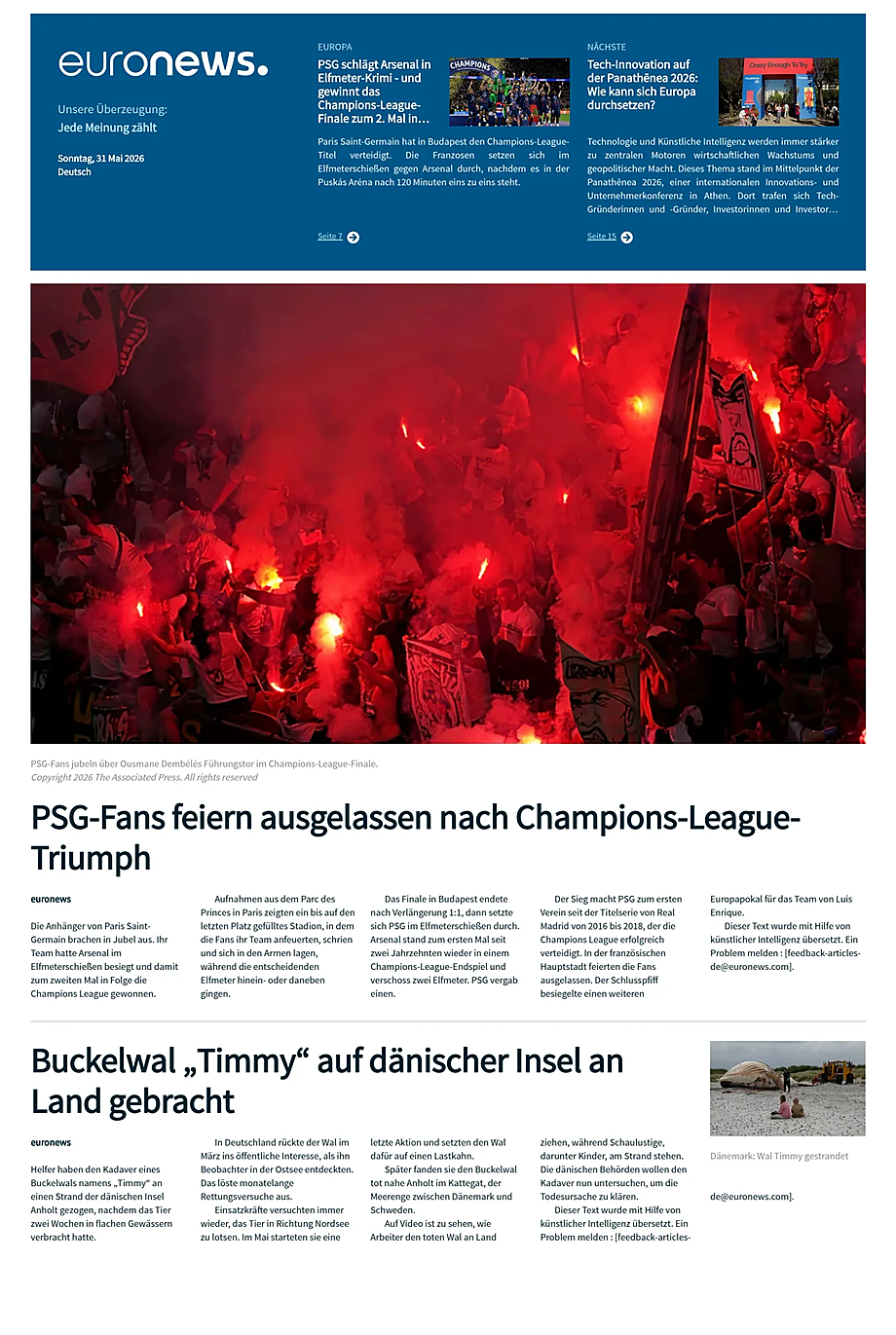 Prima pagina EuroNews (German) di oggi - Edicola 31 Maggio 2026