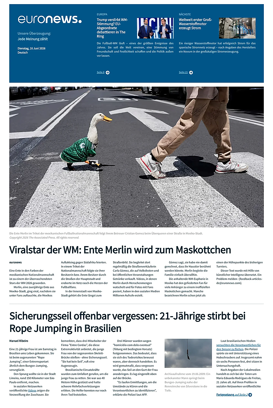 Portada EuroNews (German) de hoy - Quiosco 16 junio 2026