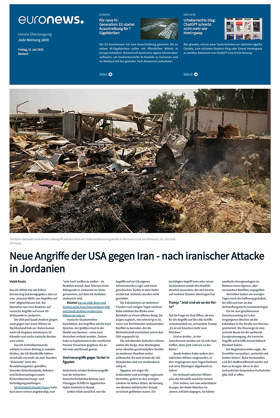 Portada EuroNews (German) de hoy - Quiosco 31 julio 2026