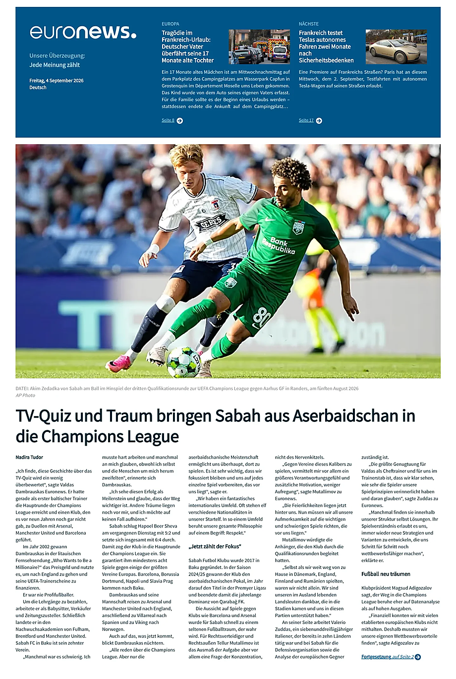 Prima pagina EuroNews (German) di oggi - Edicola 4 Settembre 2026