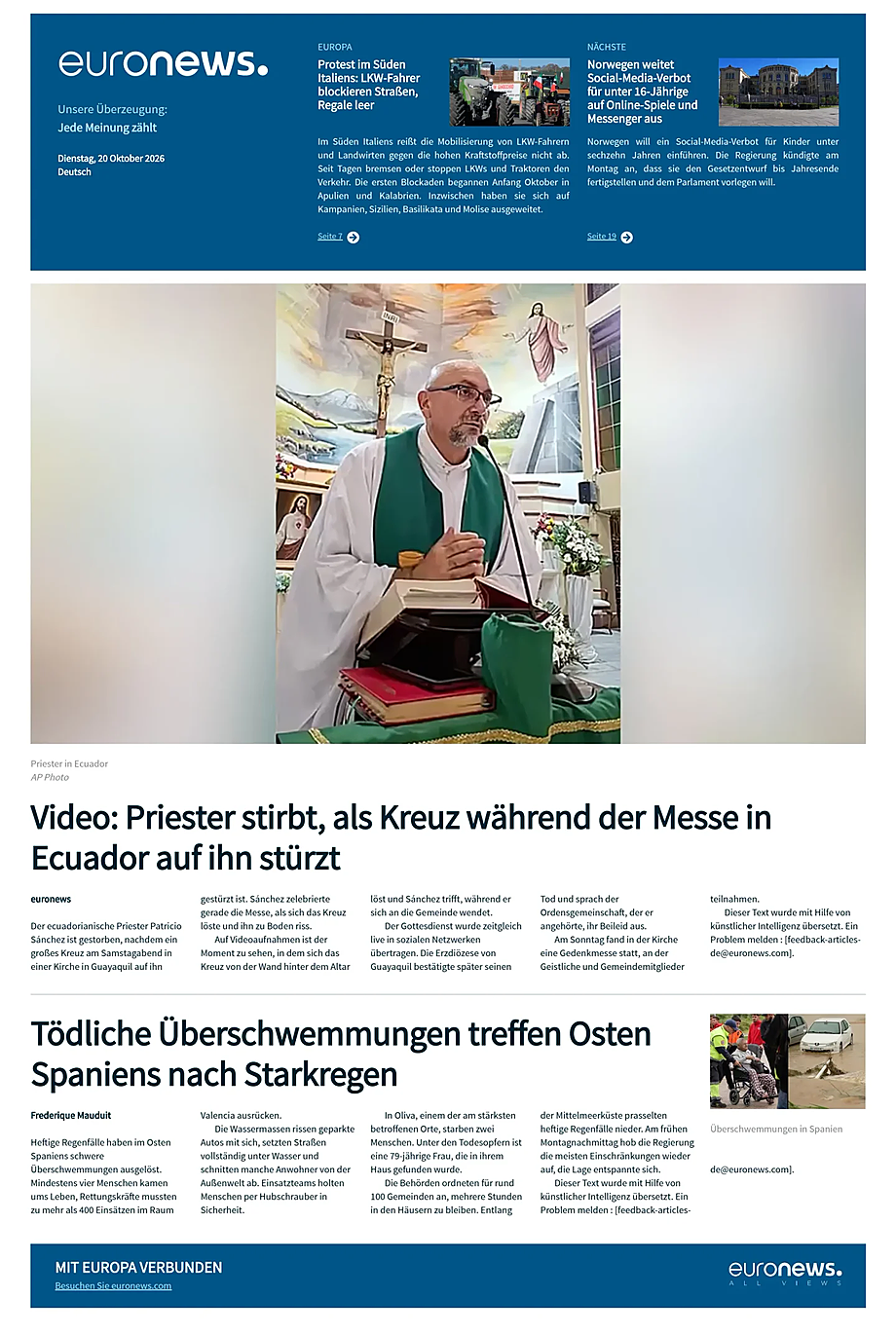 Prima pagina EuroNews (German) di oggi - Edicola 20 Ottobre 2026