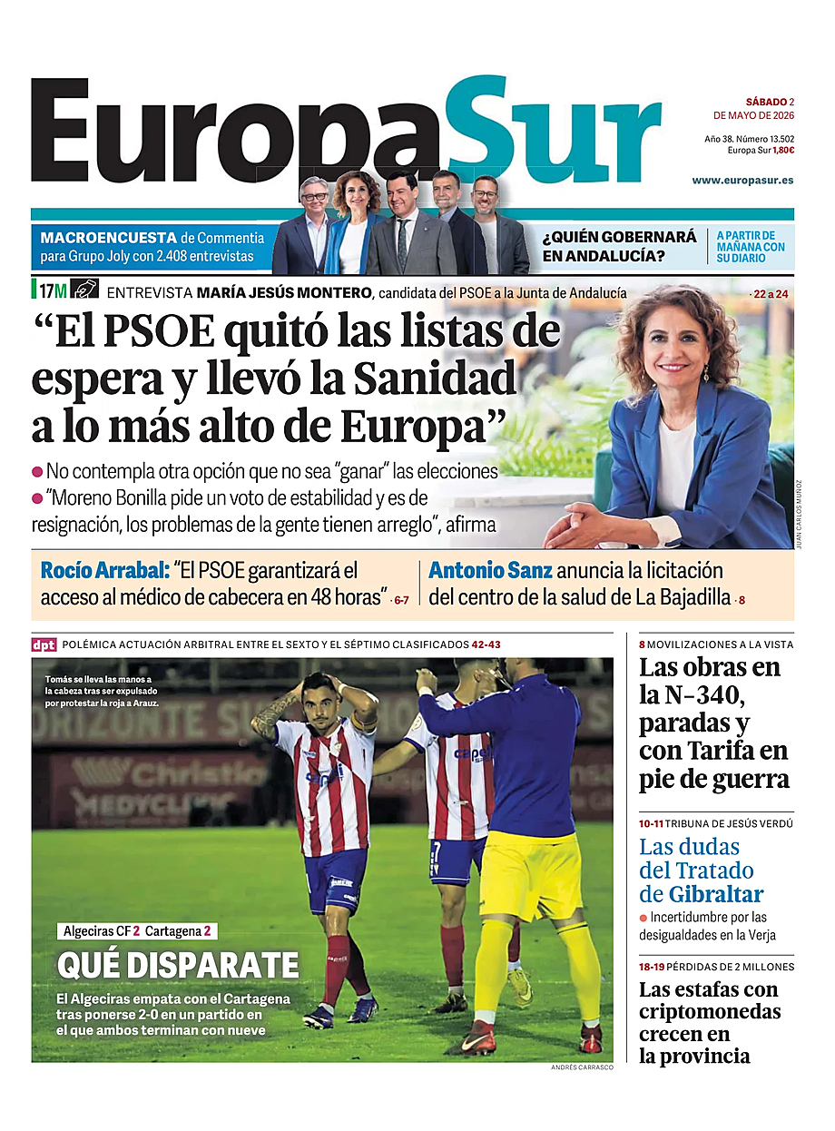 Portada Europa Sur de hoy - Quiosco 2 mayo 2026