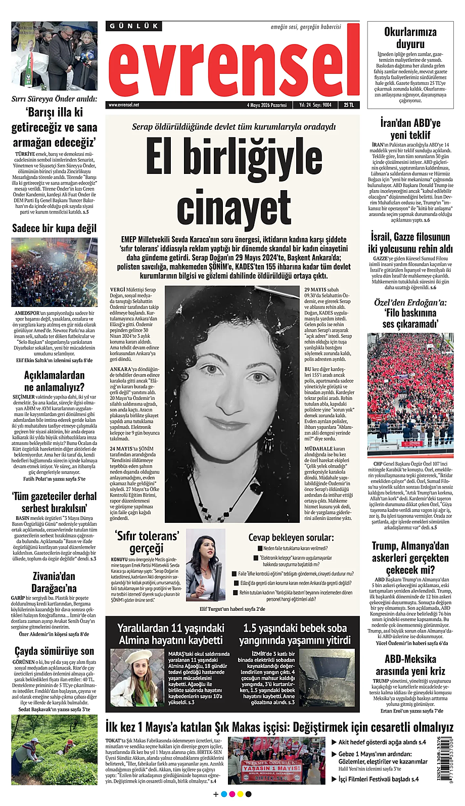 Evrensel bugünkü birinci sayfası - Türkiye basını 4 Mayıs 2026