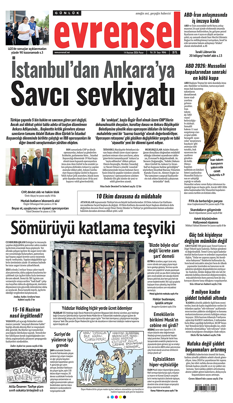 Evrensel bugünkü manşeti ve ilk sayfası - Türkiye basını 14 Haziran 2026