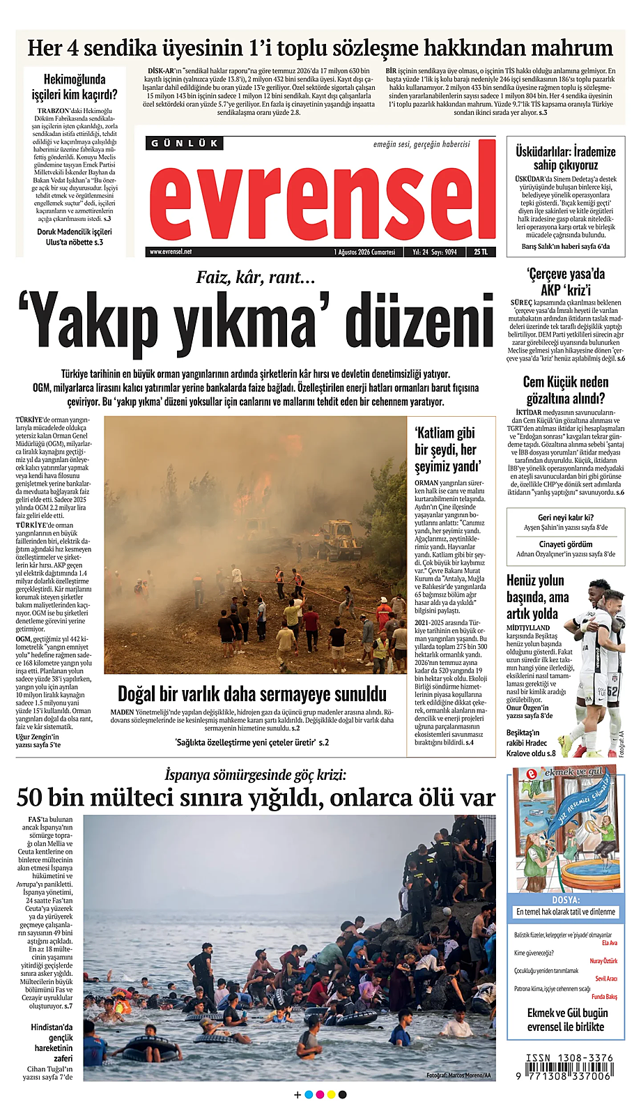 Evrensel bugünkü manşeti ve ilk sayfası - Türkiye basını 1 Ağustos 2026