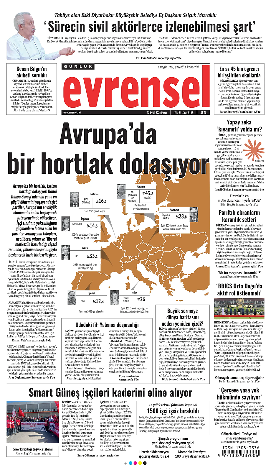Evrensel bugünkü manşeti ve ilk sayfası - Türkiye basını 13 Eylül 2026