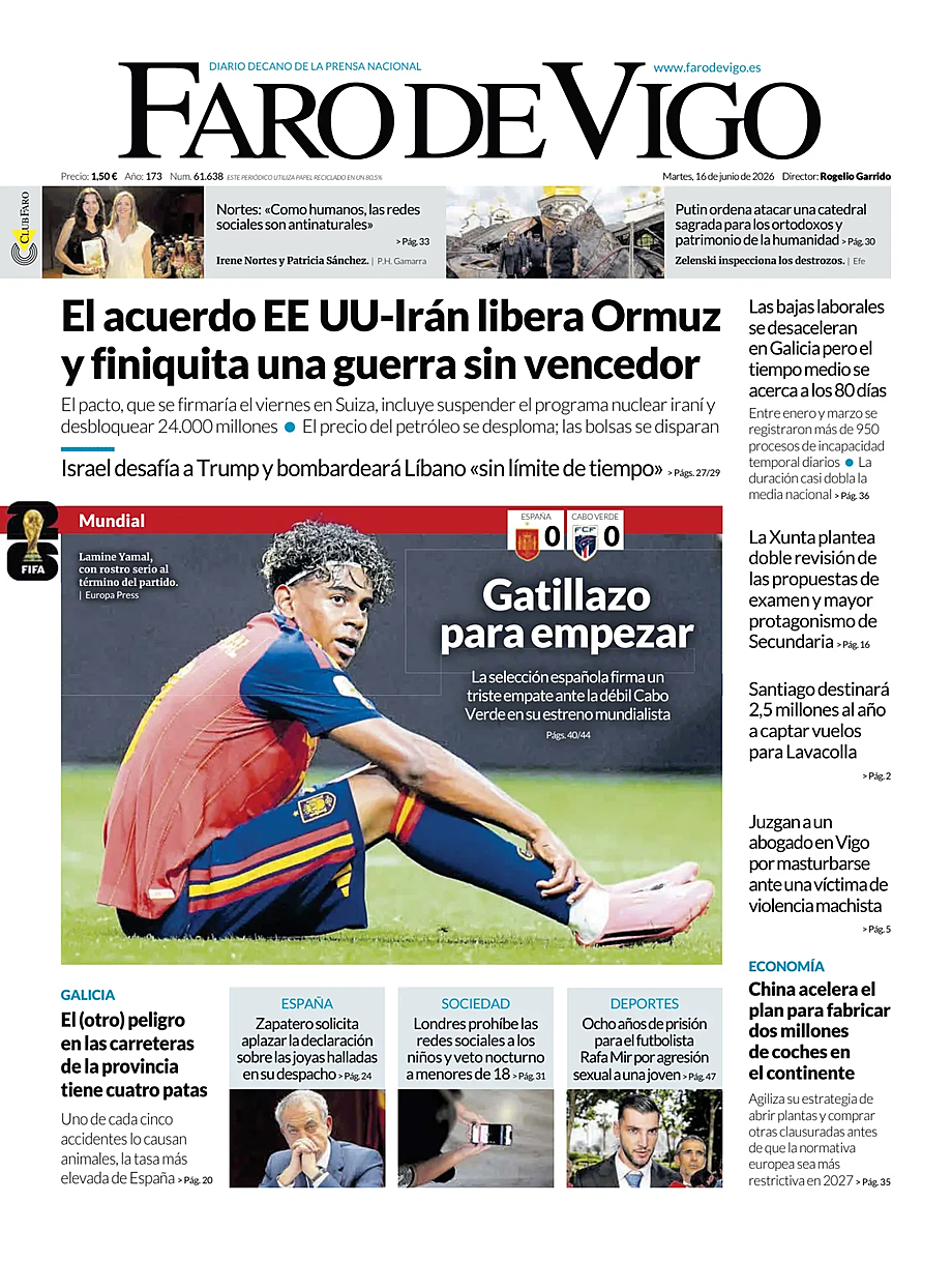 Portada Faro de Vigo de hoy - Quiosco 16 junio 2026
