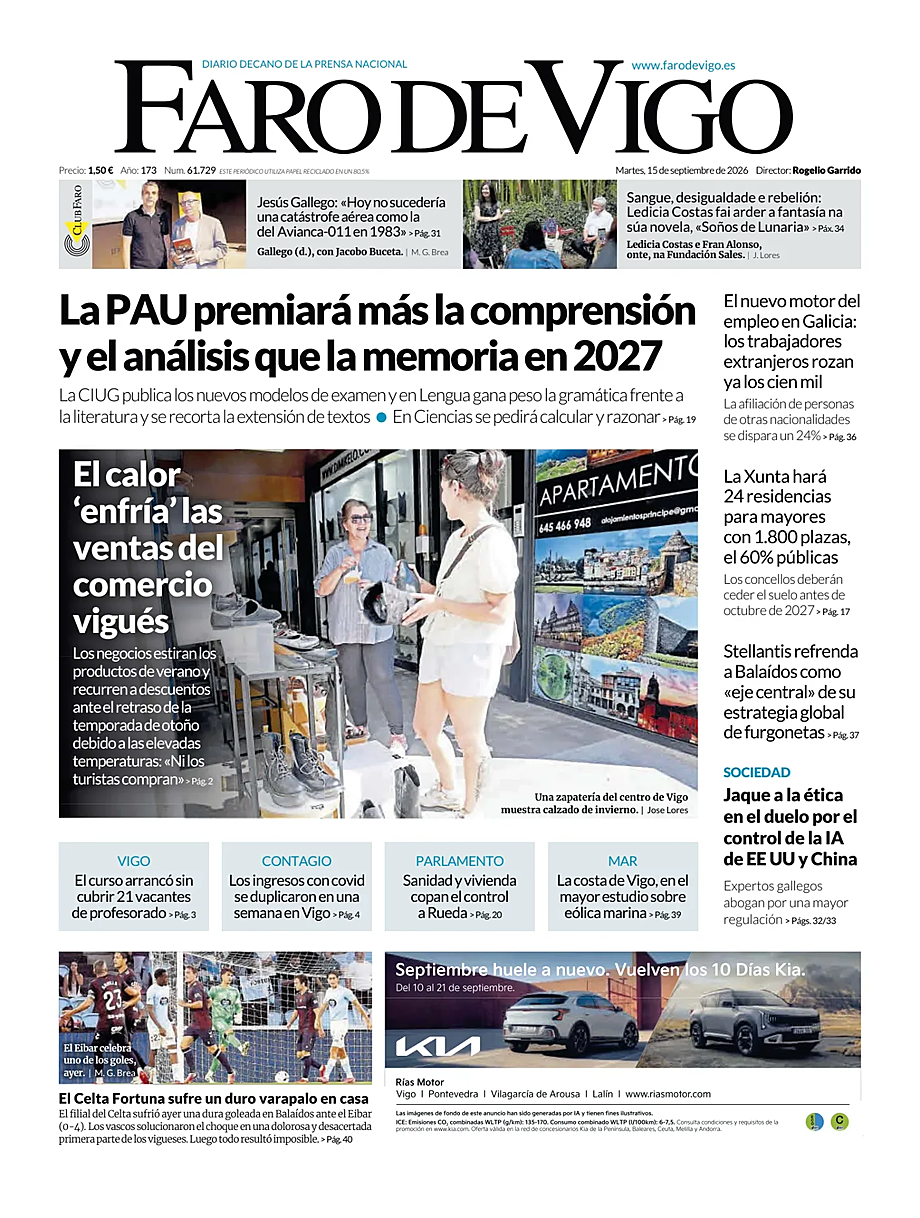 Portada Faro de Vigo de hoy - Quiosco 15 septiembre 2026
