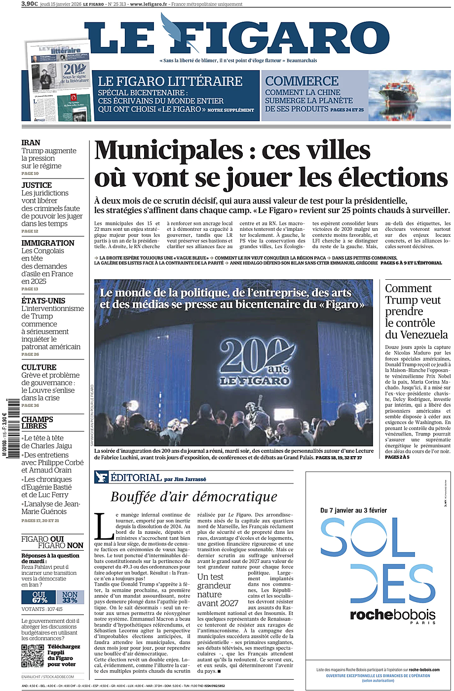 Prima pagina Le Figaro di oggi - Edicola 15 Gennaio 2026