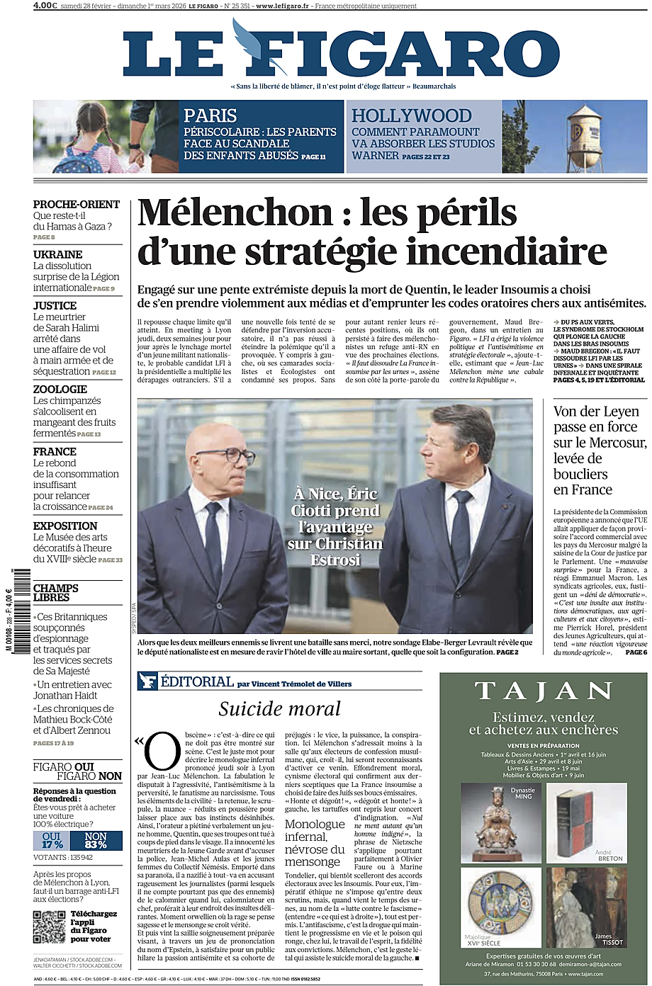 Prima pagina Le Figaro di oggi - Edicola 28 Febbraio 2026