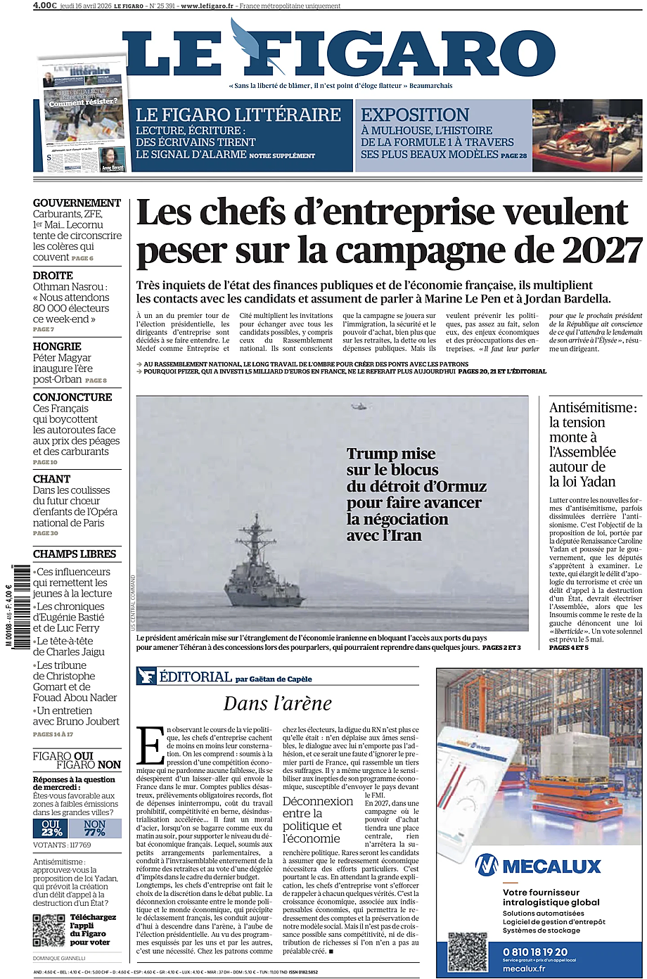 Prima pagina Le Figaro di oggi - Edicola 16 Aprile 2026