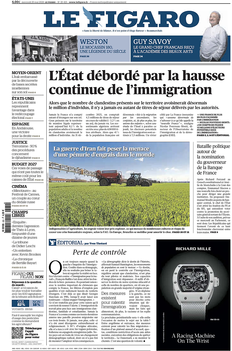 Une de Le Figaro du jour - Presse 20 mai 2026