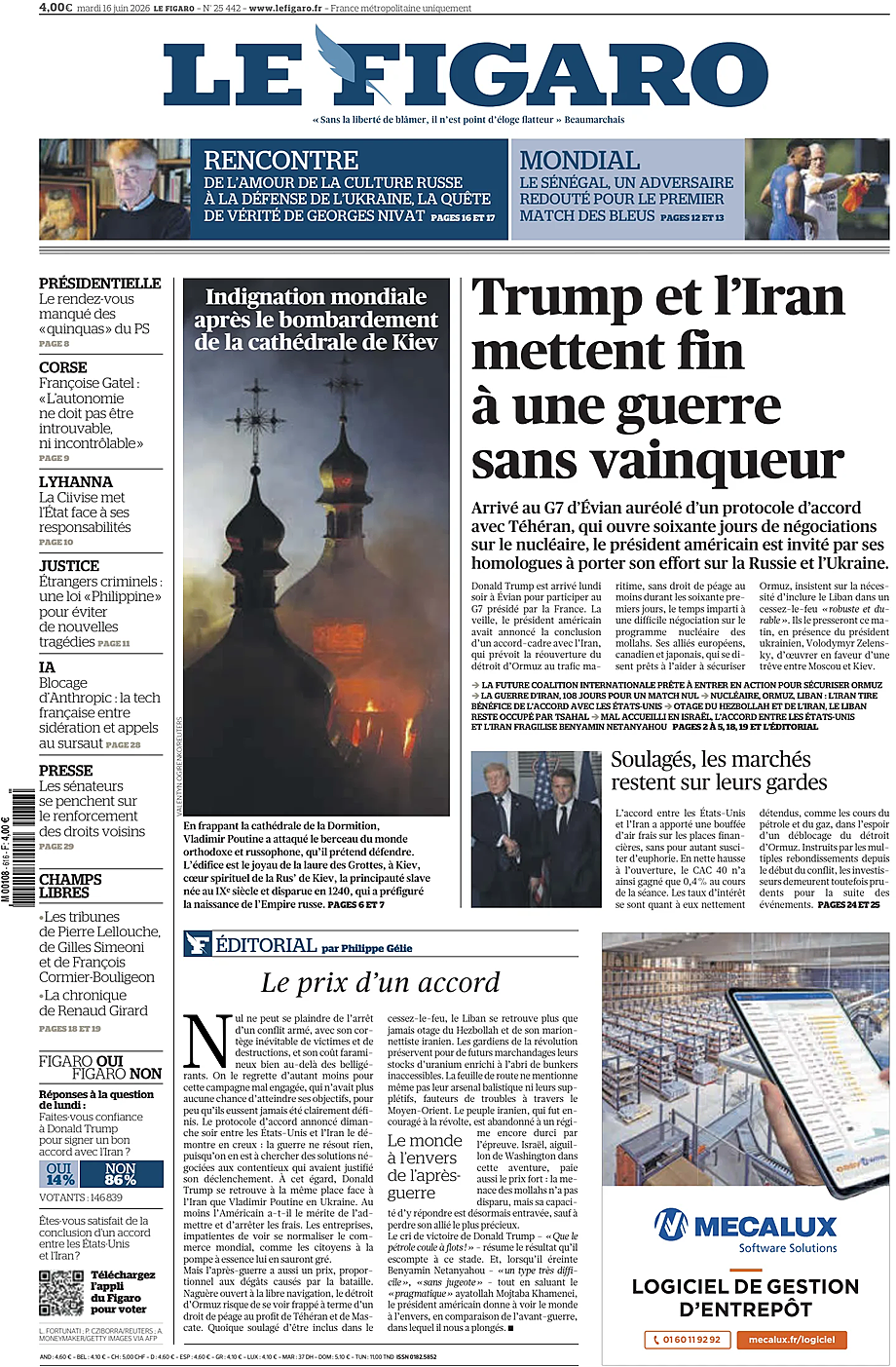 Une de Le Figaro du jour - Presse 16 juin 2026