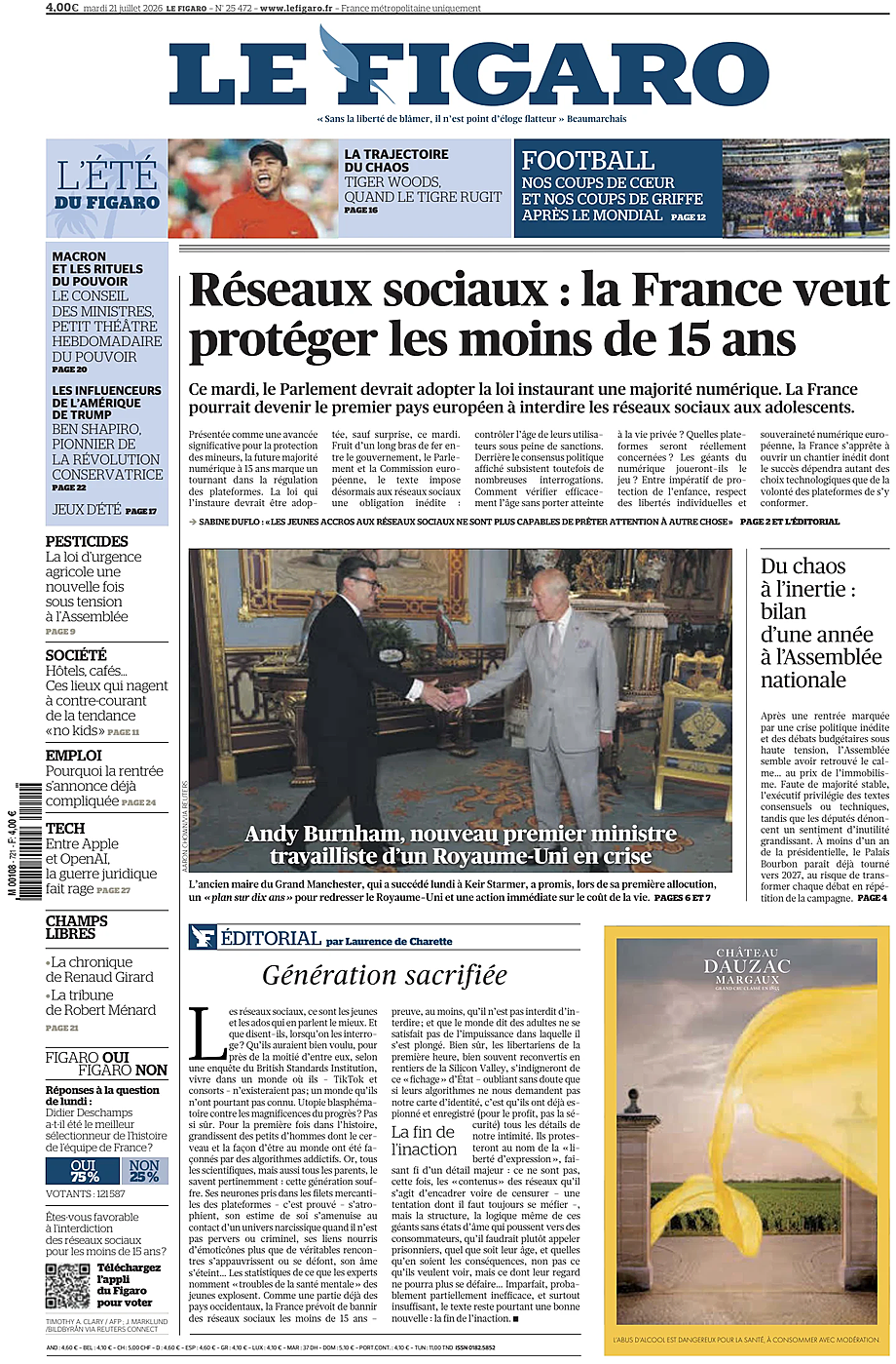 Prima pagina Le Figaro di oggi - Edicola 21 Luglio 2026