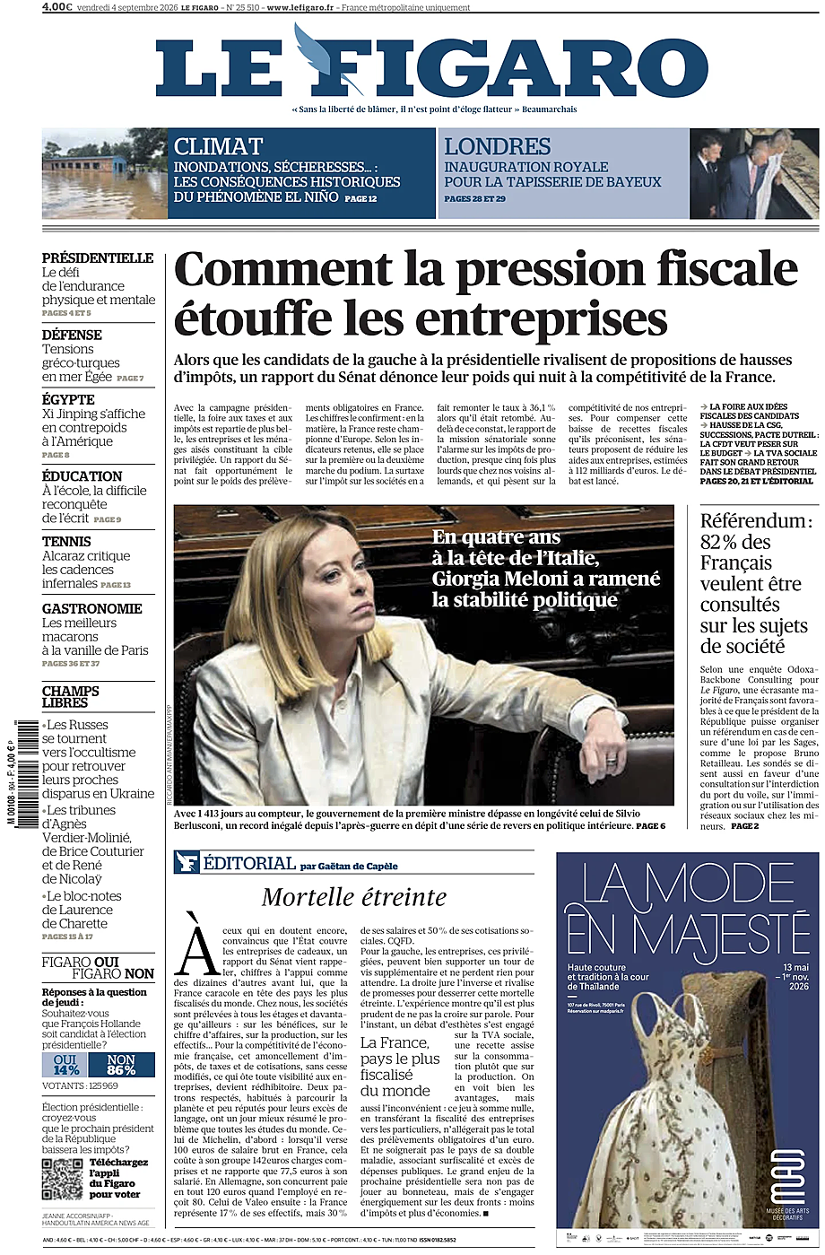 Prima pagina Le Figaro di oggi - Edicola 4 Settembre 2026