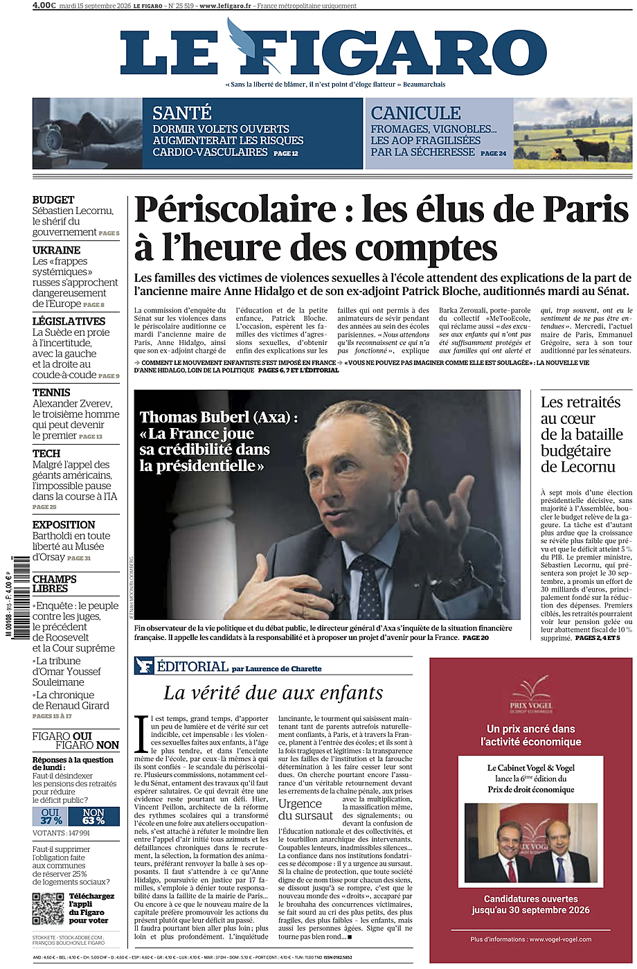 Portada Le Figaro de hoy - Quiosco 15 septiembre 2026
